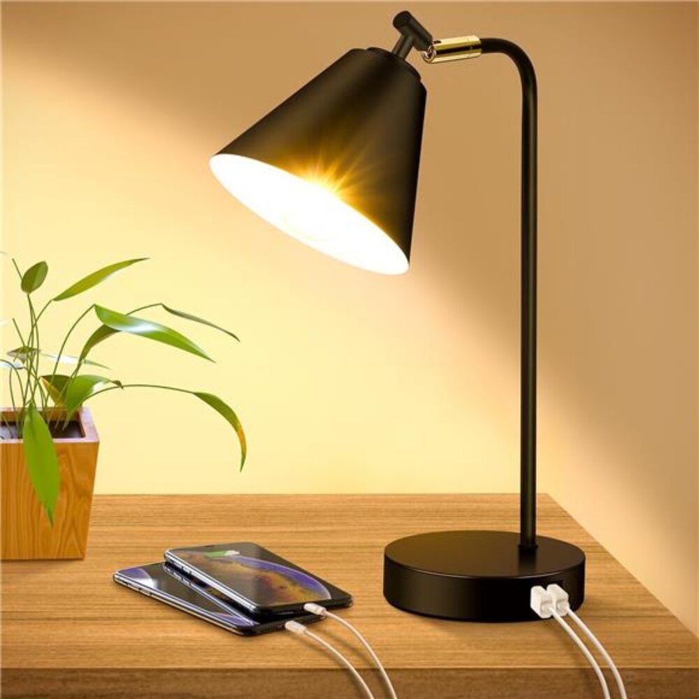 Industrial Dimmable Desk Lamp with 2 USB Charging Ports AC Outlet, Touch Control
